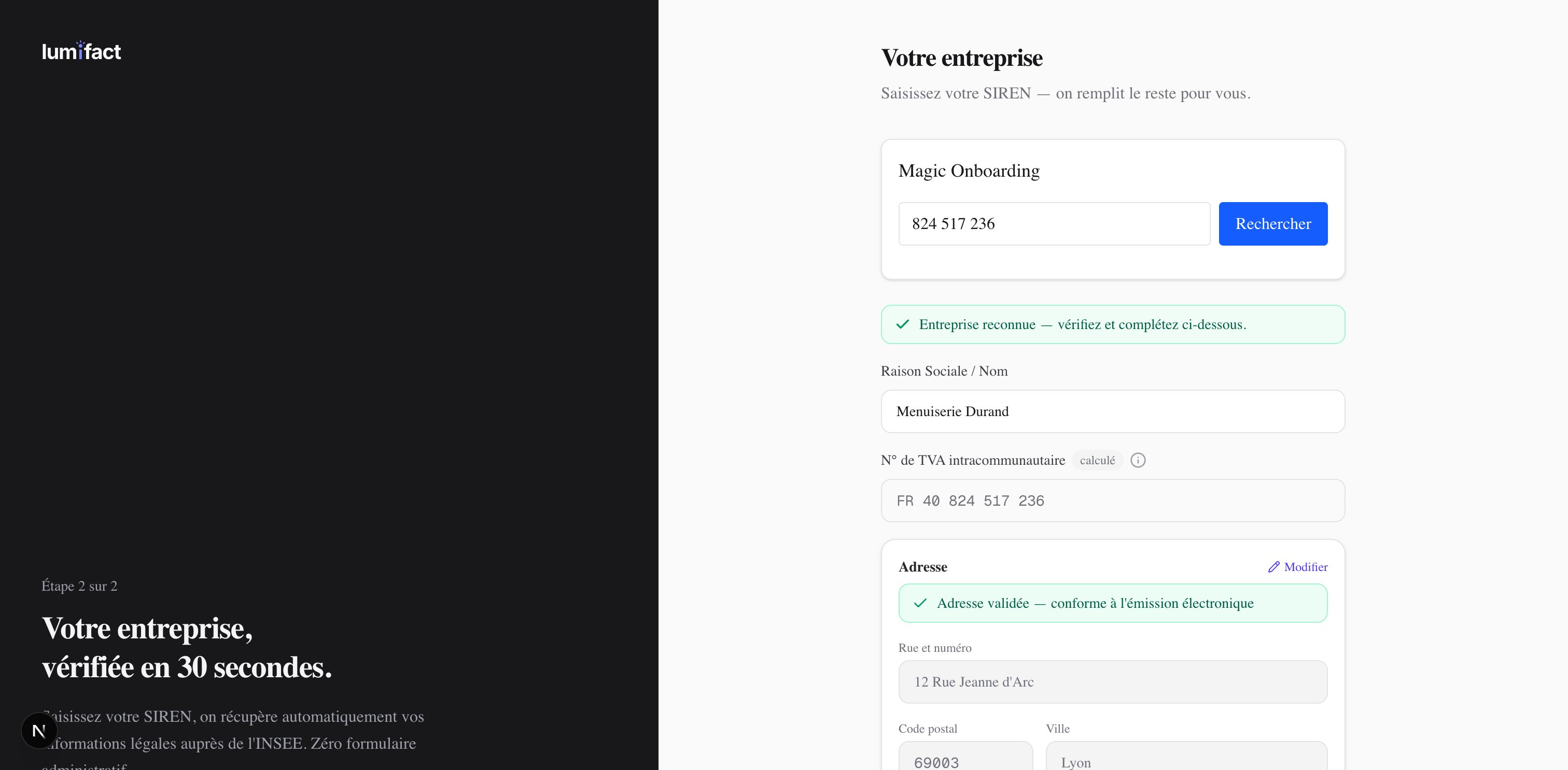 Magic Onboarding Lumifact : saisie du SIREN et pré-remplissage automatique de l’entreprise via l’INSEE